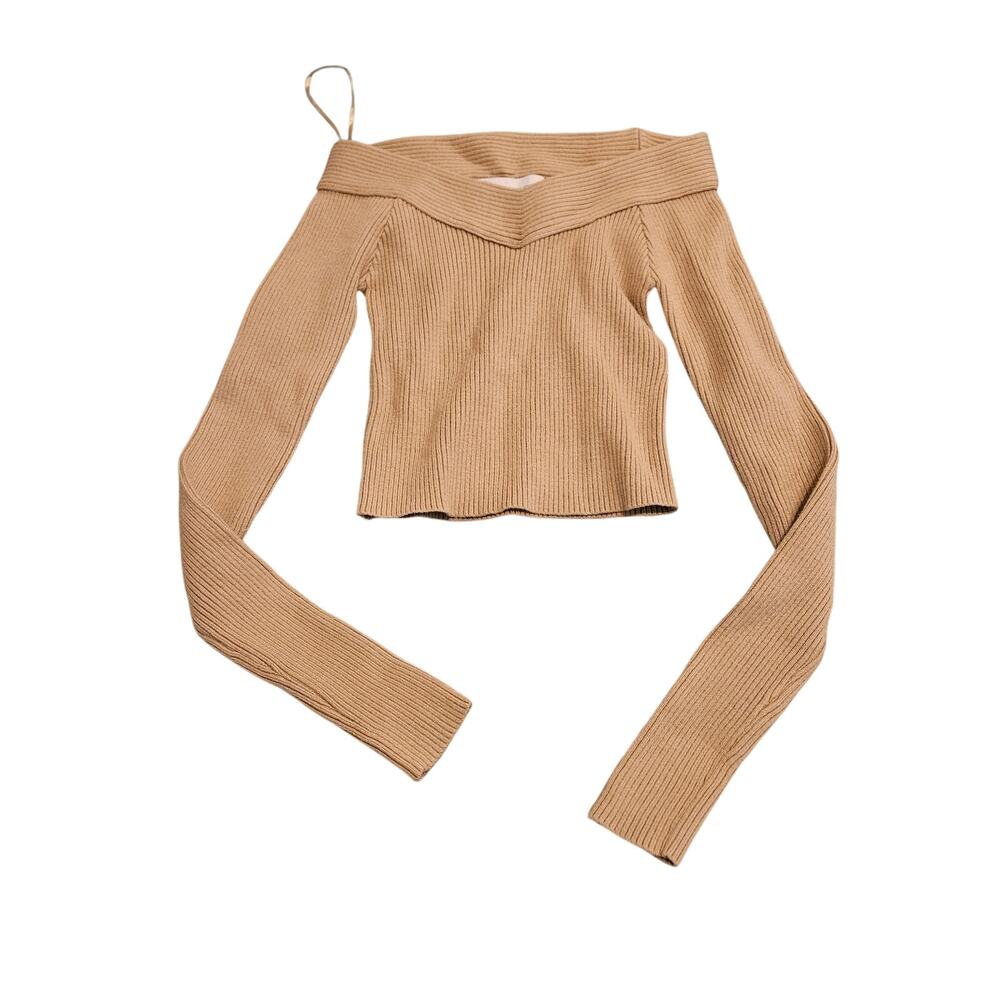 Bershka Beige Ribbed Off Shoulder Long Sleeve Cropped Sweater Top Size Small